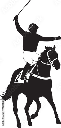 Winning jockey on horse silhouette vector illustration in victory pose sports recreation