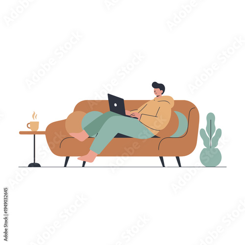 A casually dressed person relaxes on a cozy brown sofa, working on a laptop with a steaming mug nearby and a potted plant for comfort.