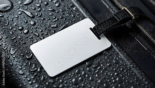 Close-up of a wet, blank luggage tag with a black strap, ready for personalization.