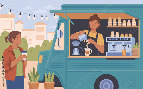 Woman serves coffee to customer at outdoor food truck on sunny day with plants