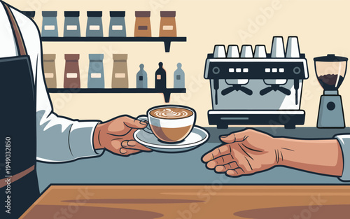 Barista serving a freshly made latte with intricate art to a customer at a modern cafe counter, representing quality service