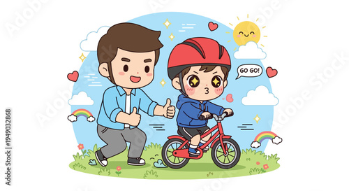 A cartoon illustration of a man and a child riding a bicycle together in a colorful outdoor scene with rainbows and clouds.