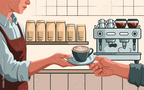 Professional barista serves a handcrafted latte with beautiful foam art to a customer at a contemporary cafe counter, showcasing excellent service and daily coffee shop interactions