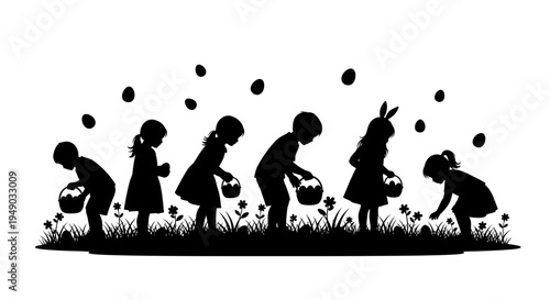 Children Hunting for Easter Eggs Silhouette Isolated