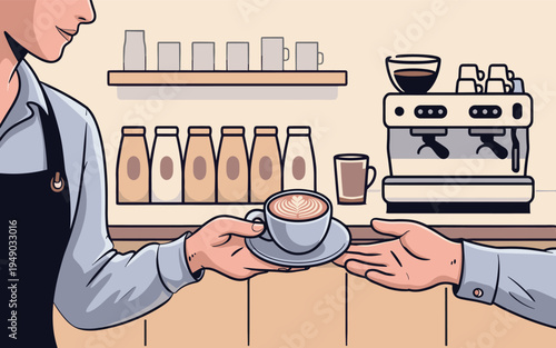 Barista serving a cup of coffee to a customer at a coffee shop counter with espresso machine in background