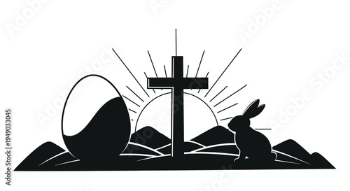 Christian Cross with Easter Egg and Bunny Silhouette
