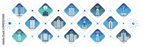 Diamond IoT network diagram icons – Perfect for smart technology branding, data connectivity, or urban system infographics.