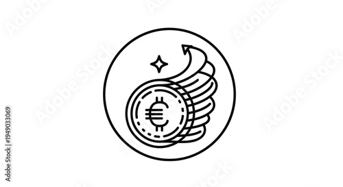Flying euro coins in minimalist line art with dynamic motion on white background for finance Isolated on white background