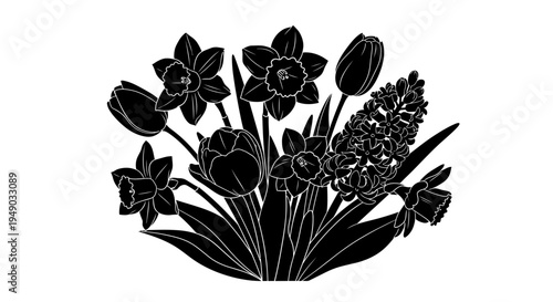 Beautiful Spring Flowers Tulips and Daffodils Silhouette