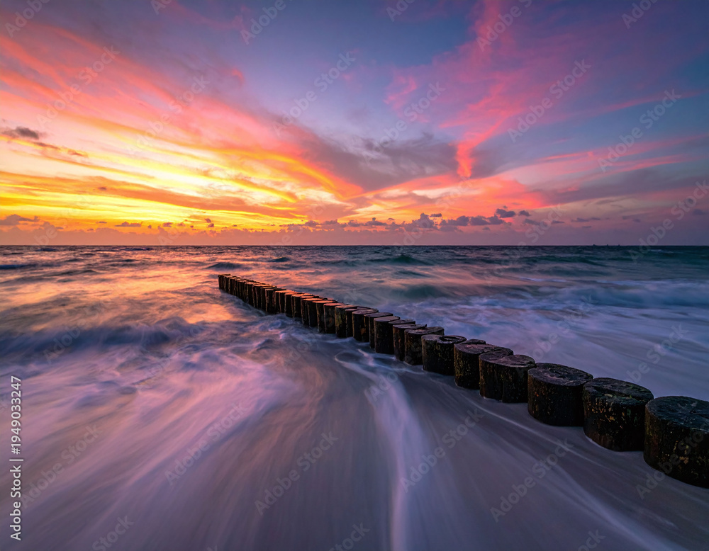 Fototapeta premium Vibrant sunset hues glow over a long exposure seascape. Silky waves flow around a wooden breakwater, creating a peaceful, artistic scene perfect for travel and wellness backgrounds.