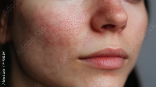 Detailed close up of irritated facial skin with acne and visible pores illustrating skincare concerns dermatological condition and natural skin texture without retouching