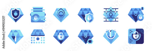 Diamond cybersecurity protection icon set – Ideal for data security, privacy defense, or digital protection branding.