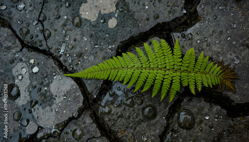 Vibrant Green Fern Frond Growing From Cracked Grey Stone With Water Droplets In Soft Natural Light