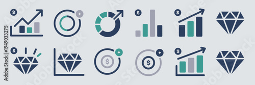 Fintech reporting and data dashboard icons – Suitable for performance metrics, analytical graphs, or UI design tools.