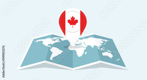 Illustration of a world map with a Canadian flag pin on a light blue background, symbolizing travel or global connection.