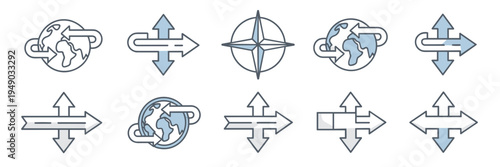 Global expansion and arrow icon set – Great for international trade, map navigation, or corporate logistics.