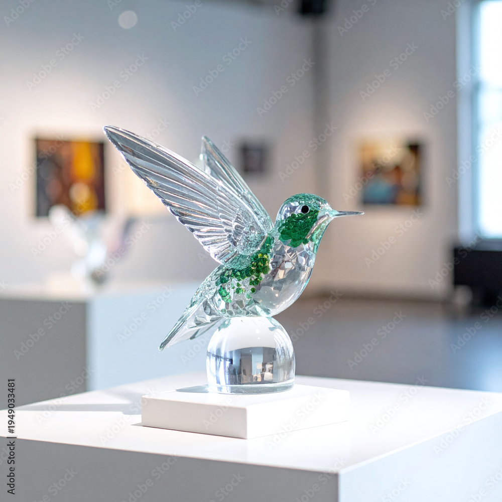 Obraz premium Elegant crystal hummingbird figurine with green details on display in a modern gallery. This artistic piece reflects grace and craftsmanship, ideal for luxury and naturethemed designs.