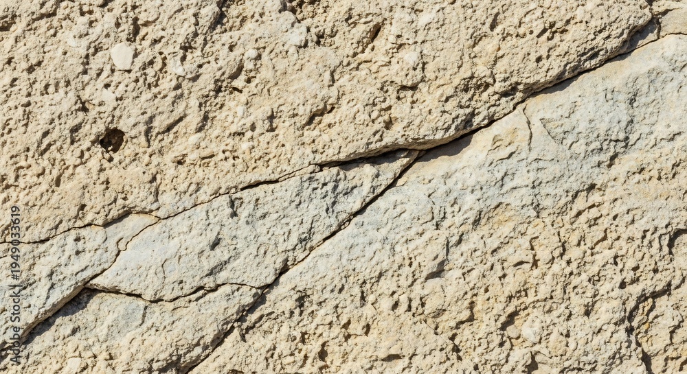 Fototapeta premium Close up of a cracked stucco wall texture with a prominent diagonal fissure.