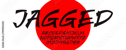 Jagged Font Logo Japanese Chinese Alphabet, Asian English Letter Number Set, Calligraphic Typography, Oriental Typographic Design for Title Lettering in Poster Headline and Logotype. Vector Typeface