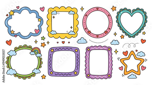A delightful collection of whimsical doodle frames and borders featuring cute stars, hearts, and clouds, perfect for playful designs and creative projects