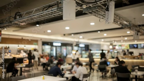 Wallpaper Mural Medium shot of ceiling antennas and cabling in a bustling food court enhancing indoor mobile signal coverage for mall visitors with blurred shoppers in the background. Torontodigital.ca