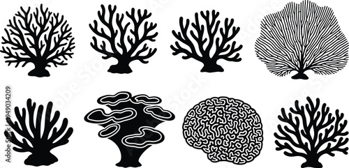 Sea coral silhouettes set including brain coral staghorn fan and reef polyps isolated black vector icons for marine biology and environment