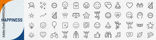 Happiness and positive emotion icons set, outline symbols for joy celebration mental health satisfaction and cheerful life vector illustration