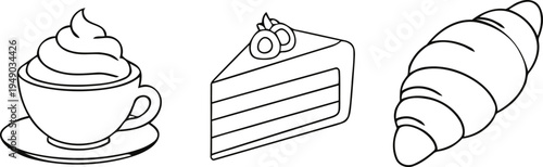 A line drawing of a cup of coffee with whipped cream a slice of cake and a croissant on a white background