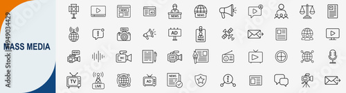 Mass media and digital broadcasting icons set, outline symbols for journalism television radio news advertising and social communication vector illustration