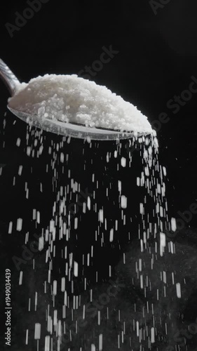Vertical video. Sugar is falling down from silver spoon at black background. Overuse of sugar in products concept. Close-up view of sugar crystals. 4K, UHD