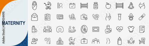 Maternity and pregnancy care icons set, outline symbols for motherhood newborn baby health prenatal medical checkup and pediatric nursing vector illustration