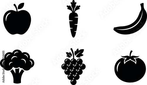 Collection of Fruit and Vegetable Silhouette Icons Featuring Apple Carrot Banana Broccoli Grapes and Tomato for Organic Food Branding and Healthy Menus
