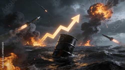 Rising Oil Prices Amid War Crisis with Burning Barrel Explosions and Upward Market Arrow Symbolizing Energy Shock and Global Commodity Volatility