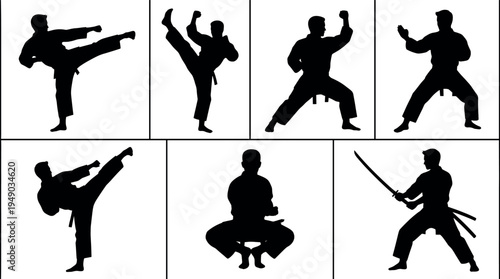 Collection of Martial Arts Silhouettes Featuring Karate Poses High Kicks Samurai Sword Fighting and Combat Sport Stances for Fitness and Dojo Branding