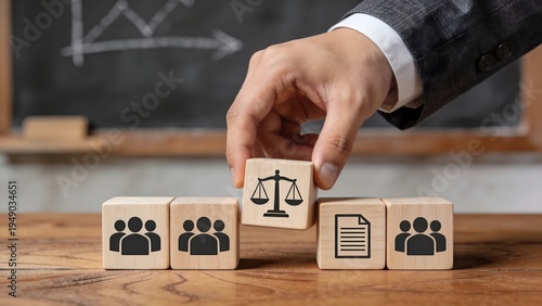 Human Resources Compliance and Workplace Policy Concept with Wooden Blocks Showing Balance Scale Document and Team Icons