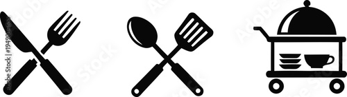 Utensils and catering cart icons for food service or restaurant theme