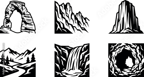 Nature landscape icon set with mountain peaks, rock arch, canyon cliff, river valley, waterfall and cave entrance black silhouette illustration