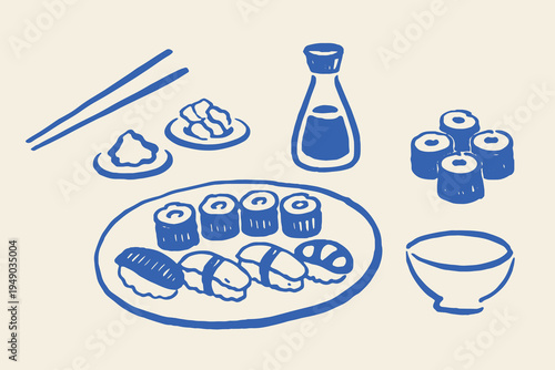 Sushi set with soy sauce outline sketch vector illustration