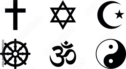 Major world religion symbols icon set including Christian cross, Star of David, Islamic crescent moon, Dharma wheel, Om and Yin Yang