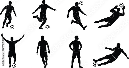 Soccer football player silhouette set collection, athlete kicking ball, goalkeeper diving, striker shooting, sports action poses, isolated black vector illustrations icons.