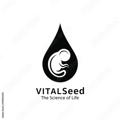 Water drop silhouette with human embryo fetus icon for fertility clinic and reproductive life sciences laboratory services logo VITALSeed