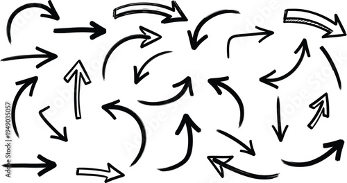 A collection of black arrows pointing in various directions on a white background