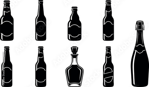 Black bottle silhouette icon set including beer, wine, champagne and liquor bottles isolated on light background, simple beverage container vector illustration