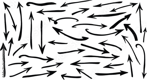 A chaotic arrangement of arrows on a white background