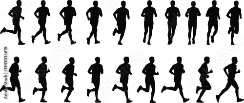 Running man silhouettes in various poses, athlete jogging collection, fitness set, sprinter marathon movement, sport vector icons, active lifestyle gym.