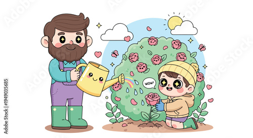 A cartoon illustration of a man watering a bush with pink flowers while a woman smells a pink flower, set against a sunny sky with clouds.