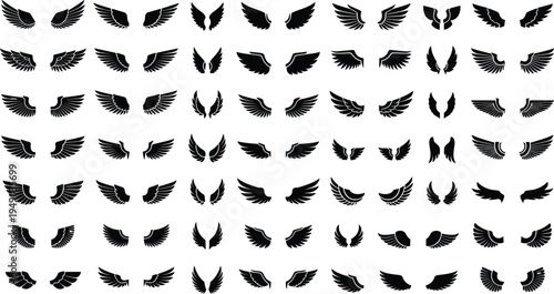 Set of black bird and angel wings silhouettes isolated on white background for heraldry, tattoo, feather graphic design, and vector icons.