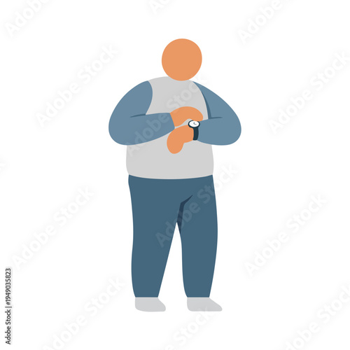 A minimalist vector illustration features a faceless person in casual blue and grey clothing checking their wristwatch, symbolizing time management or waiting.