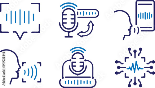 hand drawn ai speech voice recognition bule outline icon set vector illustration design collection art