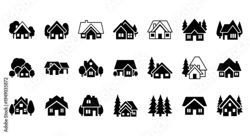 Collection of Black and White House Icons in Various Styles.